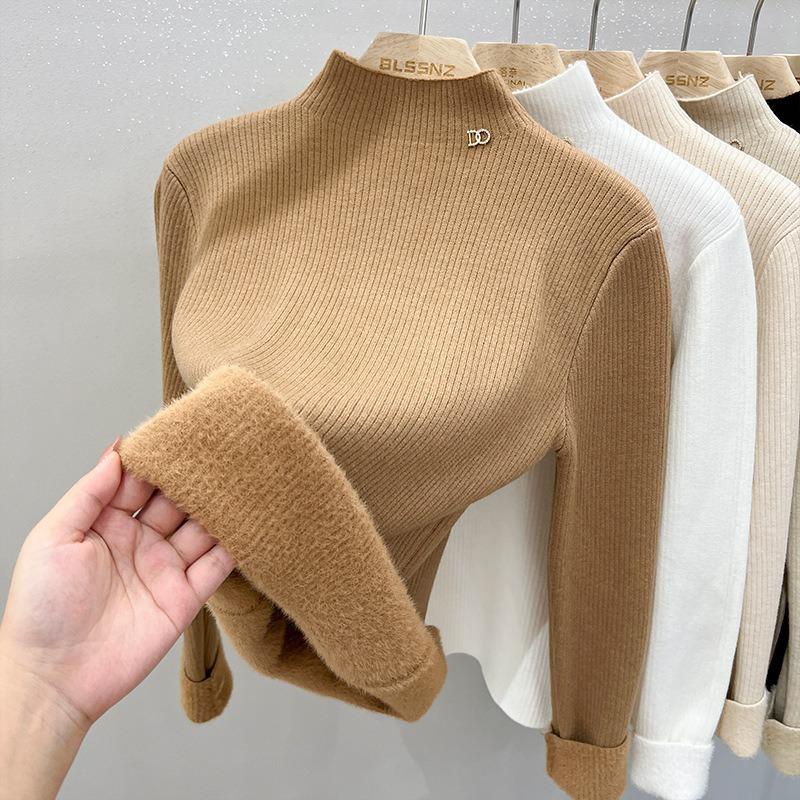 One-piece Fleece Fabric Solid Color Fleece Thickened Bottoming Shirt Women's Autumn and Winter with Semi-turtleneck Knitted Sweater