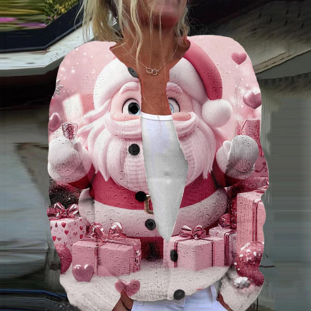 Women's Fashion Long Sleeve Christmas Snowman Snowflake Print Jacket Cardigan