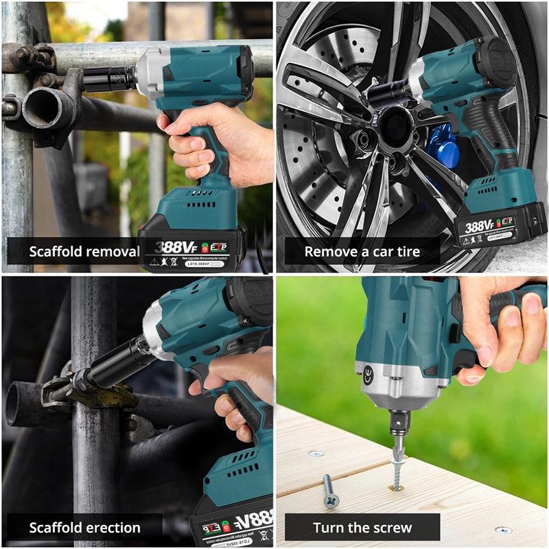800N.M Brushless Cordless Rechargeable Electric Impact Wrench 1/2 Inch Wrench Compatible for Makita Battery