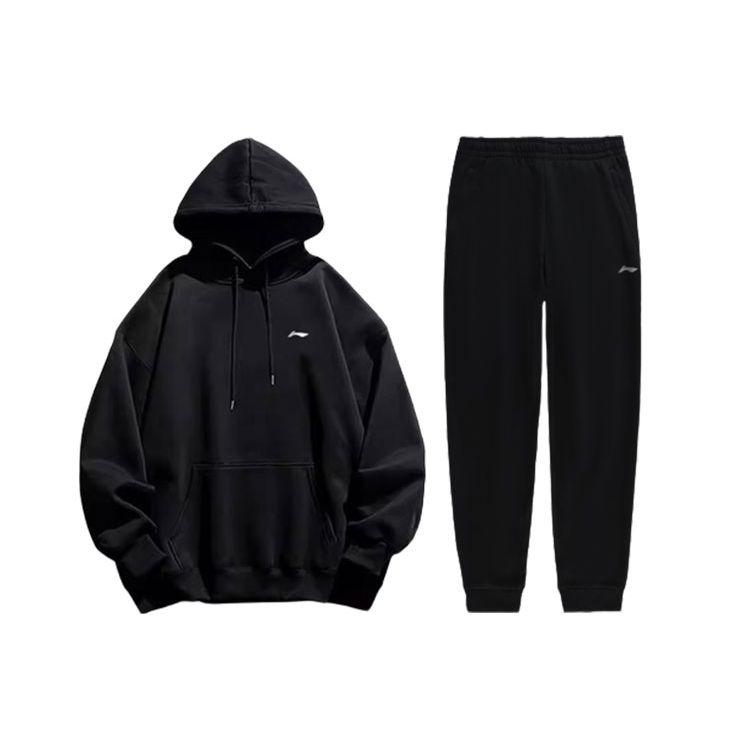 Li Ning Logo Printed Pullover Hoodie Fleece Jogger Sweatpants Set Men Activewear YWDT409-1+AKLSC99-1