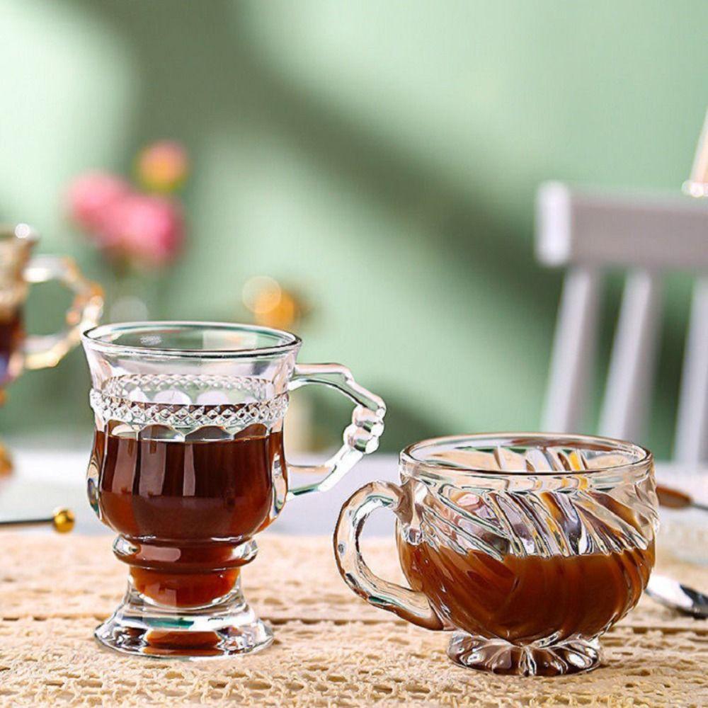 Embossed Glass Cup With Handle Durable Hot Drinks Chai Cup Transparent Coffee Cups Cappuccino Clear Drinkware Home Decor