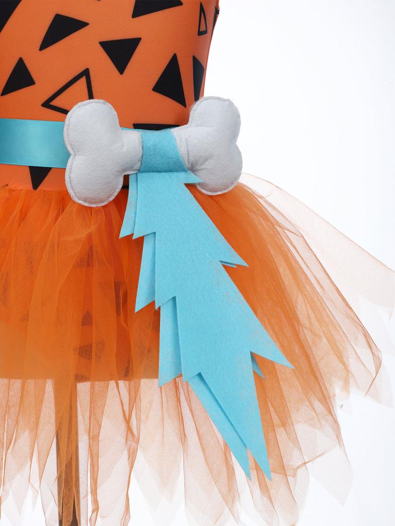 Girls Cavegirl Outfit Patchwork Tutu Dress Adjustable Strap Mesh Short Sleeve Built In Briefs 3D Bone Belt Prehistoric Costume