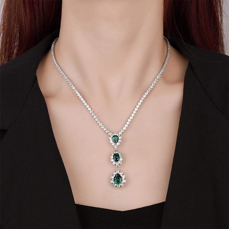 Luxury Fashion Emerald Sapphire Ruby Water Drop Long Pendant Zircon Tennis Necklace for Women Engagement Wedding Party Jewelry