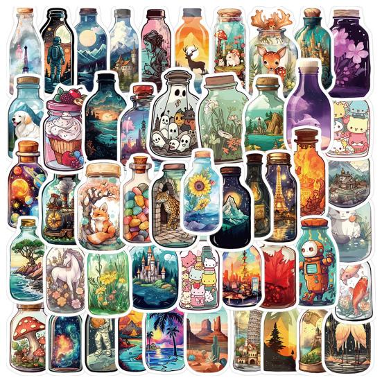 50 шт., наклейки на стеклянные бутылки с героями мультфильмов, различные милые наклейки «Мир в бутылке», граффити, декоративные виниловые художественные наклейки, водонепроницаемые наклейки для скейтборда, багажа