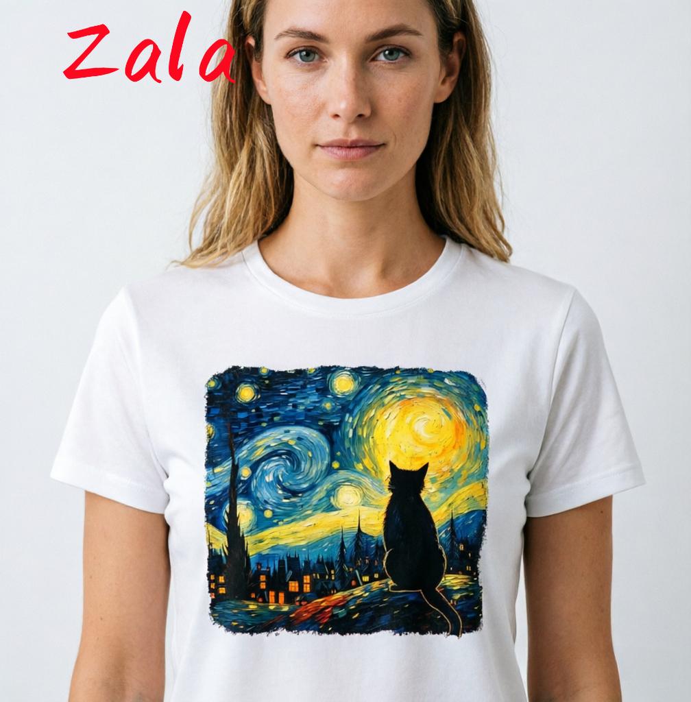 Cat Starry Night Van Gogh Cat For Cat Lover Unisexs Tshirt Casual Fashion Streetwear Summer Unisexs Clothing Cute Aesthetics