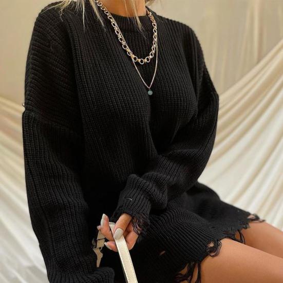 Женский свитер Трехмерный крой Свободная посадка Мягкий вязаный свитер Круглый вырез Длинный рукав Рваные дыры Средней длины Топы