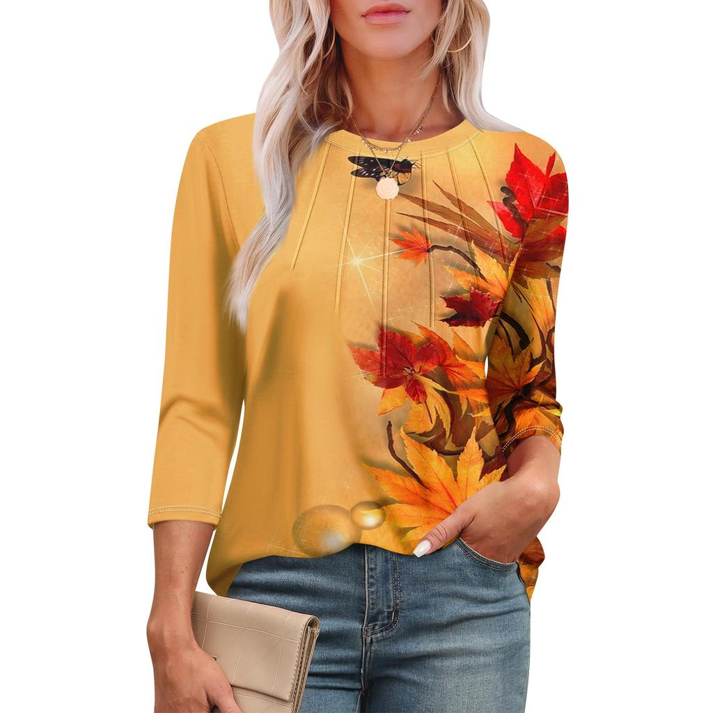 Женская модная футболка с круглым вырезом и рукавом 3/4 с принтом, повседневная, базовая, плиссированная, пуловер