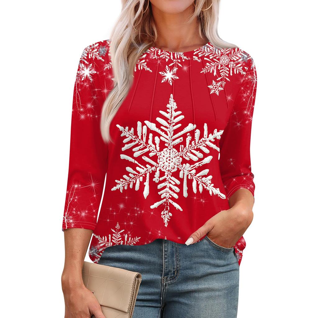 Женская модная футболка с круглым вырезом и рукавом 3/4 с принтом, повседневная, базовая, плиссированная, пуловер