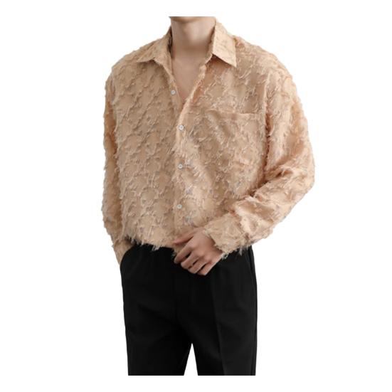 Мужская рубашка с нагрудным карманом и кисточками, отложным воротником, однобортная, с длинными рукавами, однотонная