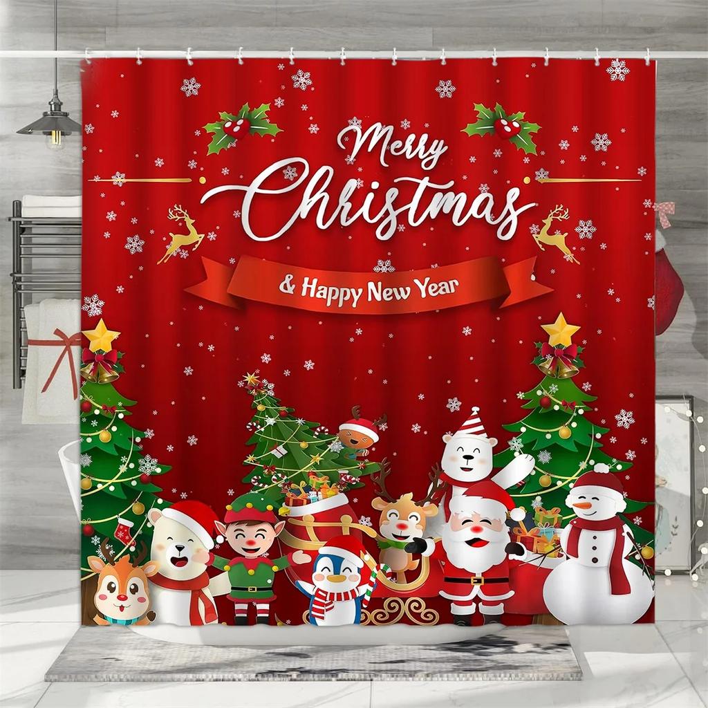 Christmas Shower Curtain, Winter Holiday Farm Snowman Santa Claus Christmas Tree Farmhouse Christmas Balls Bathroom Decoration
