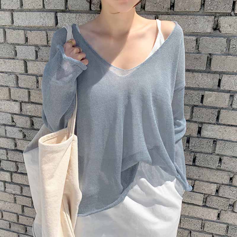 Повседневная тонкая блузка с v-образным вырезом Blusas 2023, однотонная корейская свободная солнцезащитная женская одежда, весна-лето-осень, сексуальные женские топы