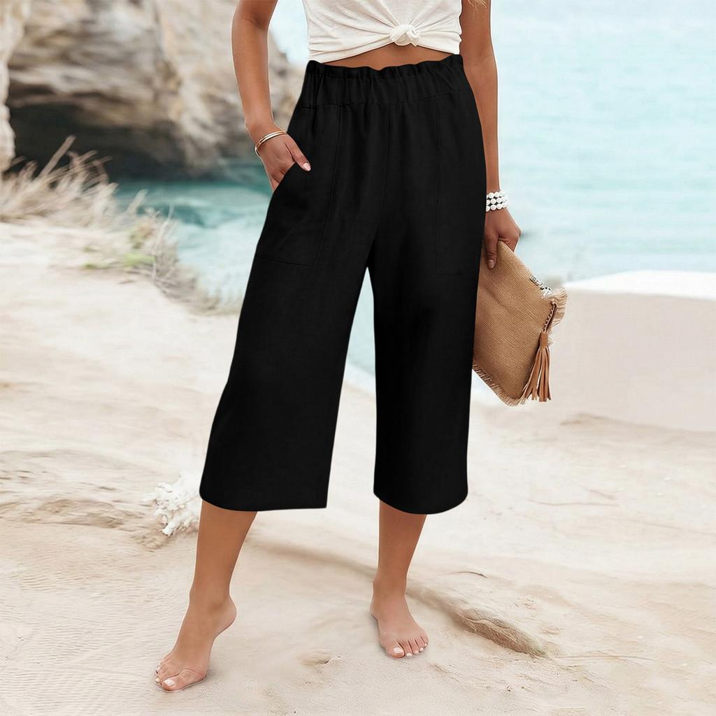 Womens Baggy Cotton Linen Pants Elastic Waist Casual Loose Summer Beach Vacation Pants