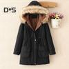 Winter Women Cotton Coat Drawstring Waist Slim Fit Waist Faux Fur Hood Fleece-lined Zip-up Press Button Closure Jacket Windproof Mid Length Outerwear