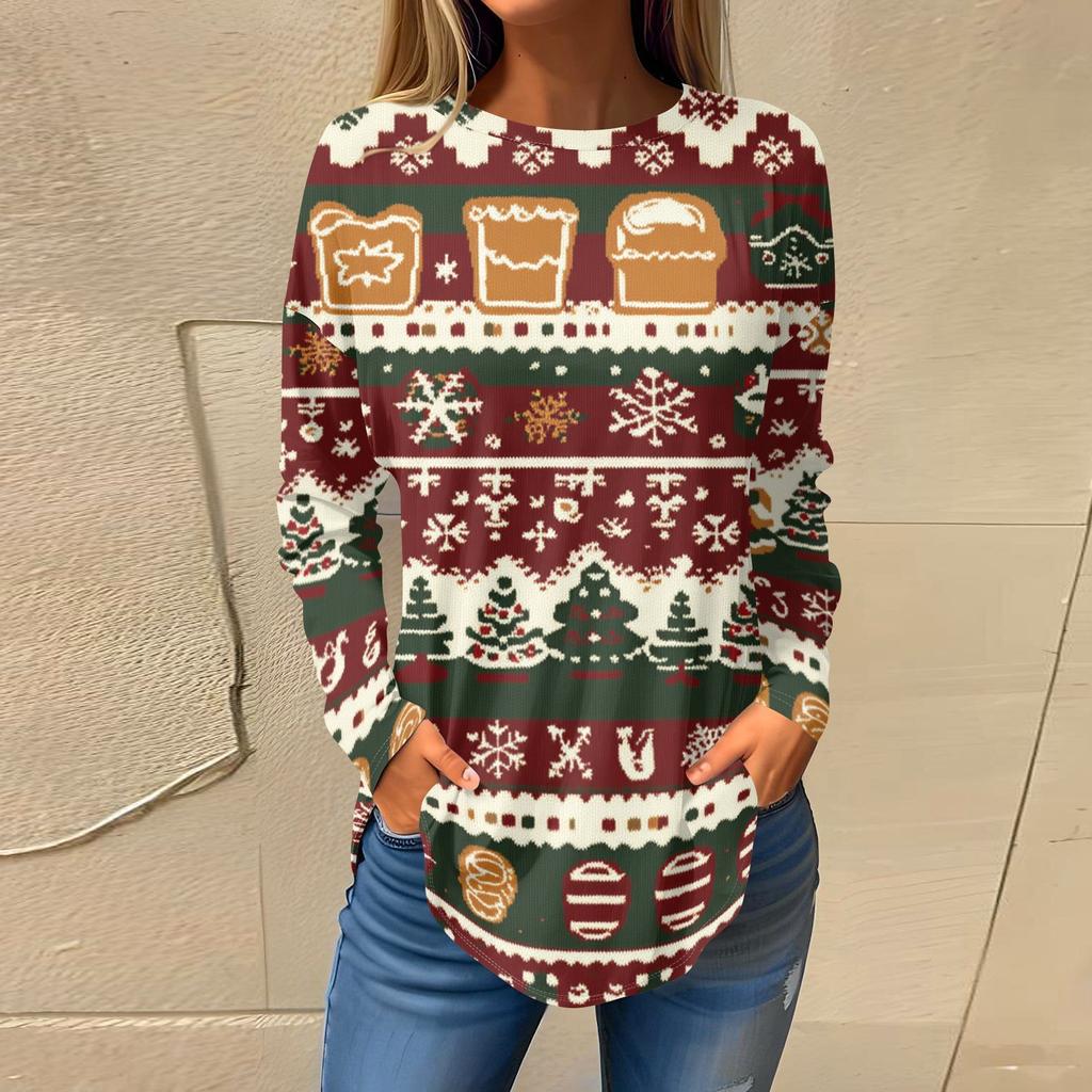 Tee Shirts For Women Fall Casual Long Sleeve Shirts Sweatshirt Vintage Graphic Printing Top Pullover Christmas