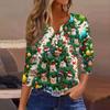 Women's Fashionable Casual Christmas Printed V-neck Three-quarter Sleeve Decorated Button Top