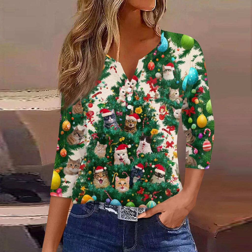 Women's Fashionable Casual Christmas Printed V-neck Three-quarter Sleeve Decorated Button Top