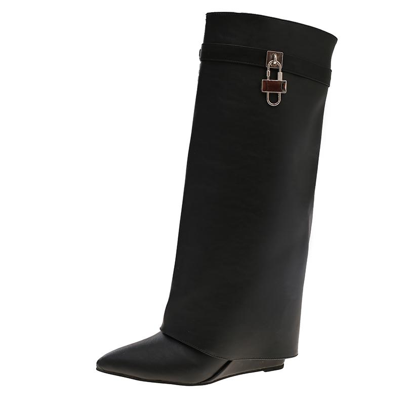 Модные клинья на каблуке 8 см, ботильоны до колена из мягкой кожи с острым носком, женские 2025, осенняя модная обувь, уличный стиль, современные длинные боты для женщин