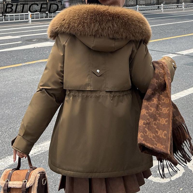 BITCED Winter Thickened Puffer Coat for Women with Waist-cinching, Slimming Fit, Hood and Large Fur Collar for Warmth