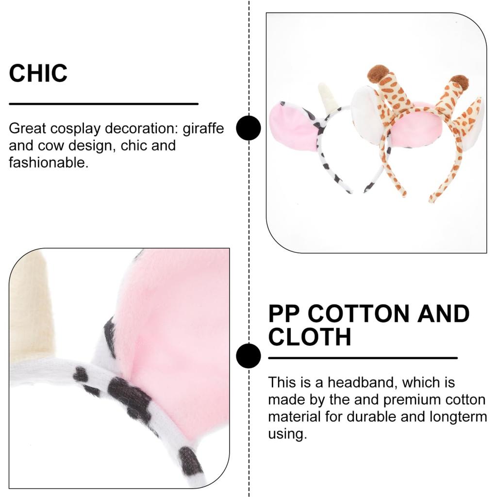 Lurrose Animal Headbands, Set of 2, Giraffe and Cow Cosplay Headbands with Animal Ears, Perfect for Halloween, Christmas, Costumes, Events, and