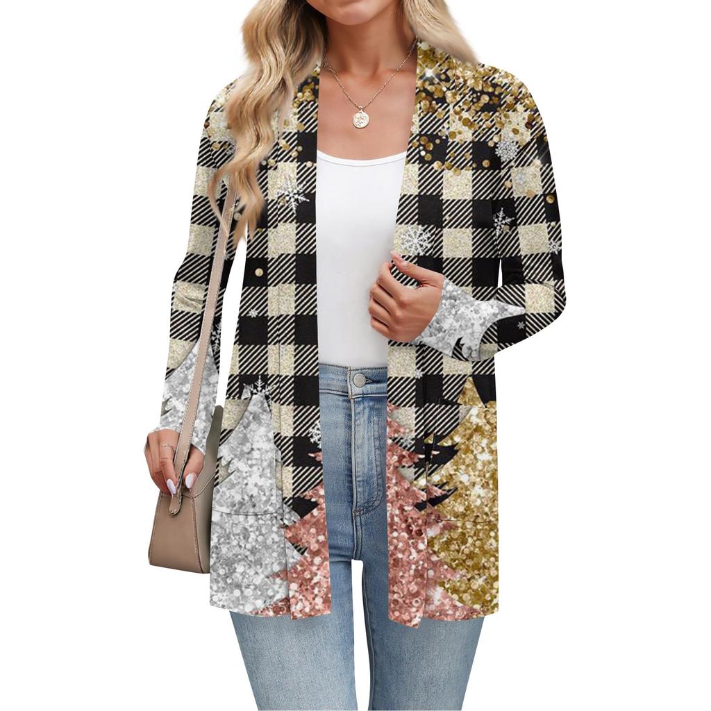 Женский рождественский кардиган с принтом, легкий, с длинными рукавами, повседневный, свободного кроя, тонкий, с карманами, куртка-кардиган