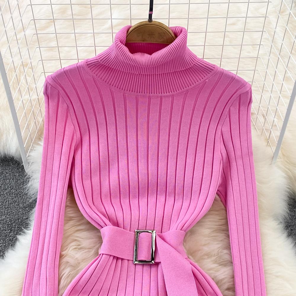 Шикарное элегантное облегающее платье с высоким воротником и длинными рукавами и поясом, пикантное модное вязаное платье, тонкий осенне-зимний свитер-карандаш, халат