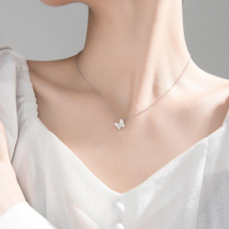Real 925 Sterling Silver Fashion Sweet Insect Butterfly CZ Pendant Necklace For Women Wedding Fine Jewelry DA2006