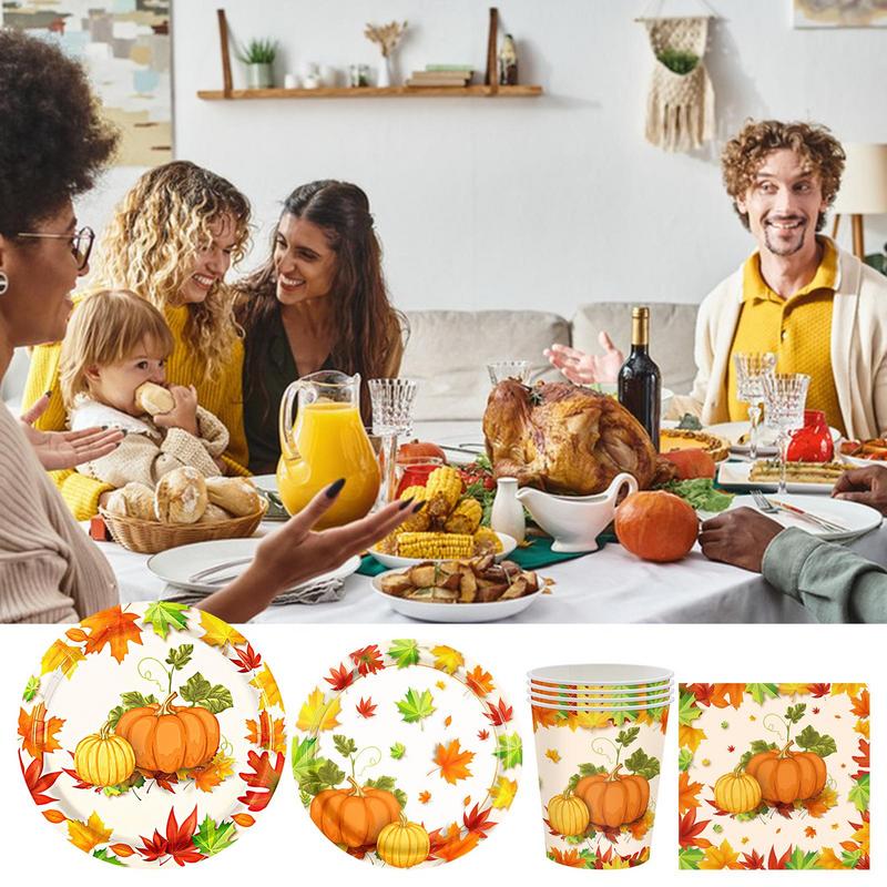 Бумажные тарелки на День благодарения Тарелки для осенней вечеринки Кленовые листья Декор из тыквы Осенняя посуда Набор столовых приборов для вечеринки с осенними листьями