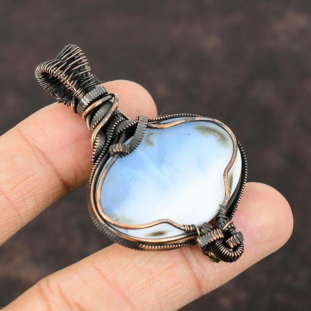 Owyhee Подвеска с синим опалом, медная проволока, кулон ручной работы, кулон с драгоценным камнем, подарок для матери, кулон из лазурита, медная проволока, ювелирные изделия