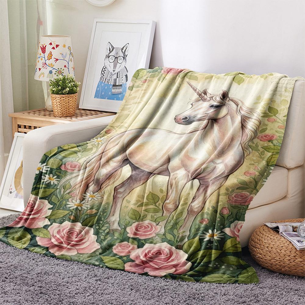 1PC Floral Fantasy Creatures Print FlAannel Blanket, High quality Comfortable for All Seasons, Home Decor, Warmth and Comfort