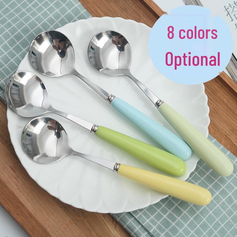 Zakka Ceramic Handle Stainless Steel Spoon - Creative Cartoon Tableware, Long Handle for Soup, Tea, and Main Courses.