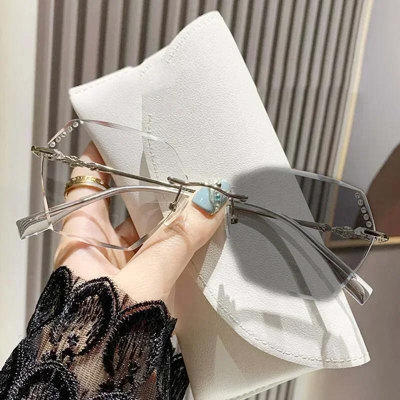 Женские очки для близорукости с бриллиантовой огранкой, меняющие цвет, роскошные безободковые квадратные очки для близи, готовые фотохромные солнцезащитные очки