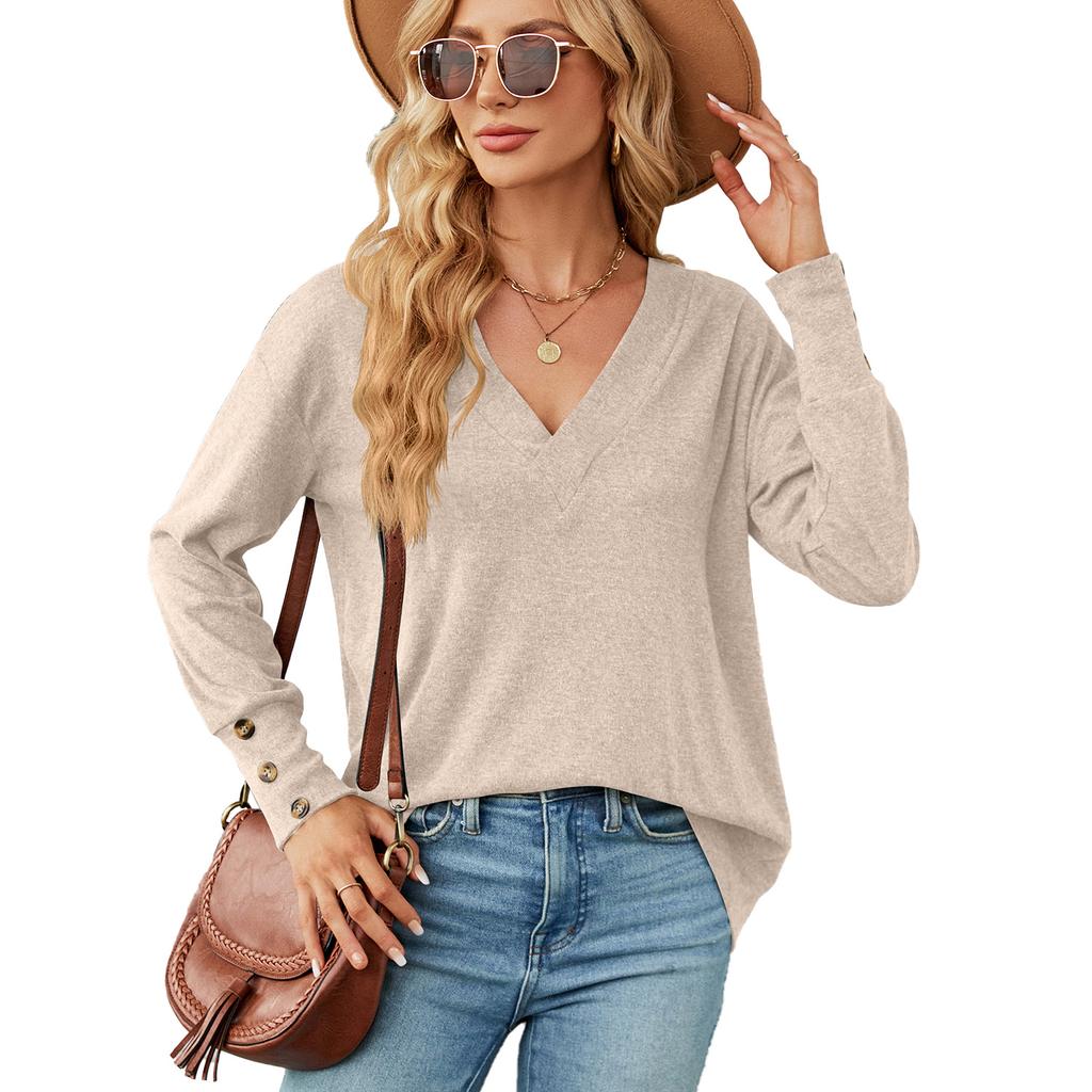 2023 European and American Autumn and Winter New Solid Color V-neck Loose Long-sleeved Button T-shirt Top Women's Clothing