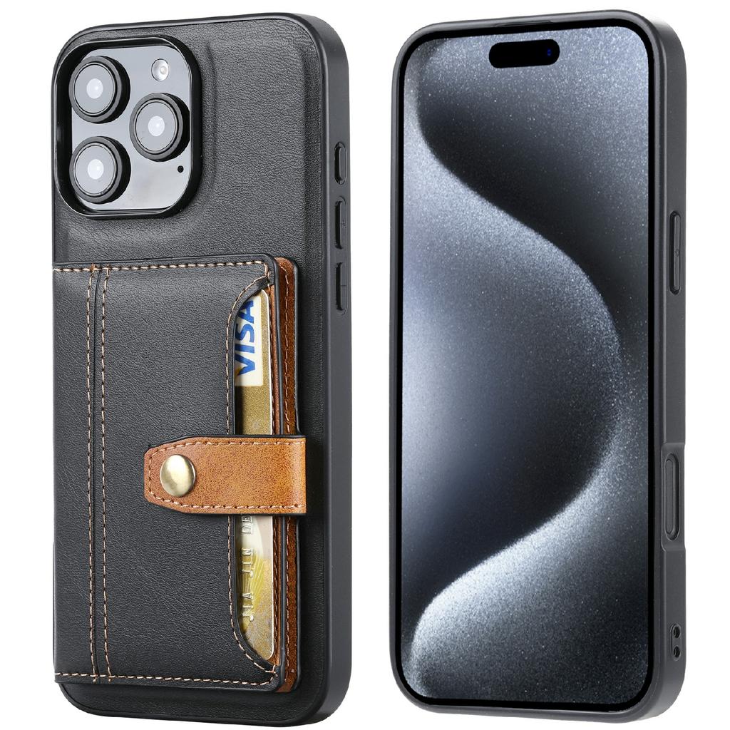 For iPhone 16 Pro Max Card Holder PU Leather+TPU Kicsktand Phone Cover