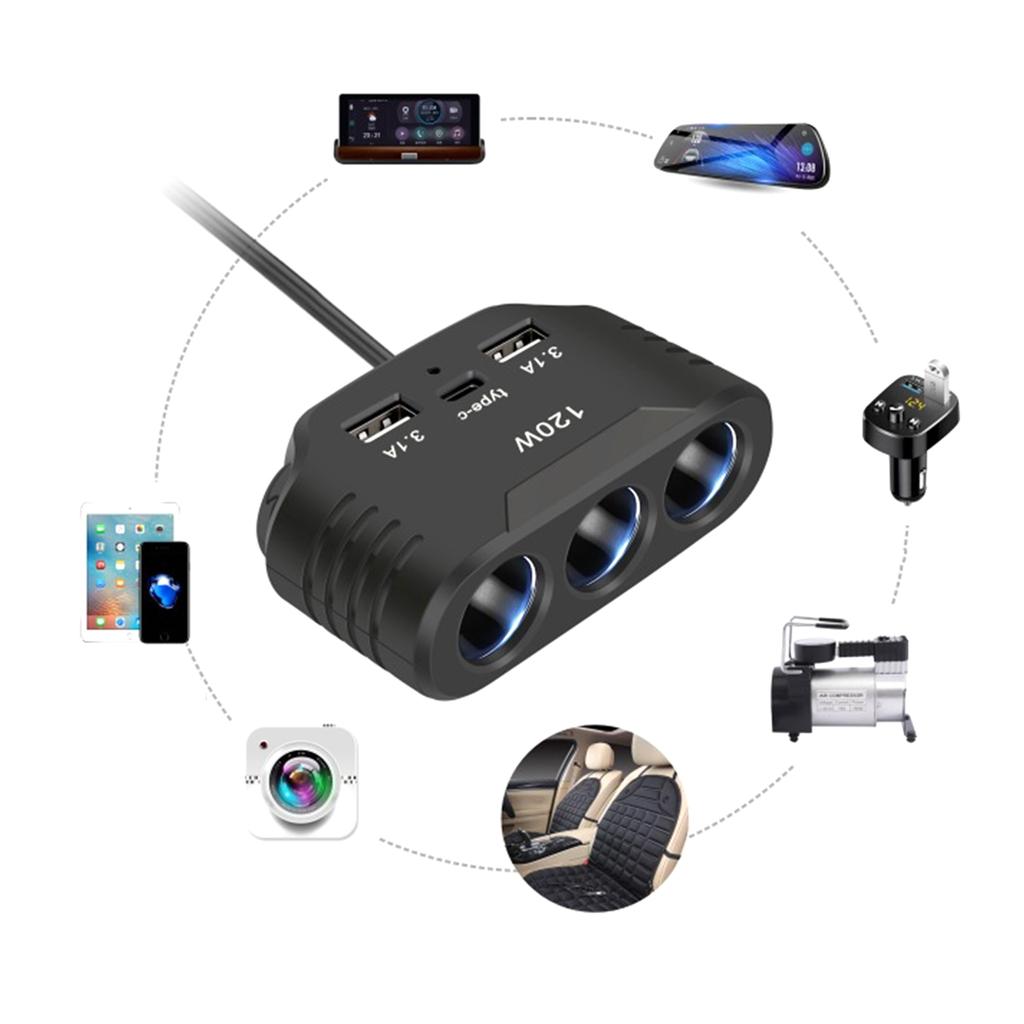 120W Lighter Socket Splitter Adapter 2 USB+1 USB C PD Port 12V 24V 3 Socket Car Truck Marine Charging Adapter