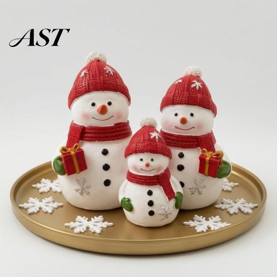 Festive Home Accents Christmas Resin Snowman Figurine, Cute Family of 3 Statue with Santa Decoration Hat, Red Scarf, Holiday Tabletop Ornament