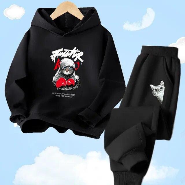 Толстовка с капюшоном + брюки для мальчиков, повседневный спортивный осенне-зимний комплект, детский комплект одежды с принтом кота и мультяшным животным