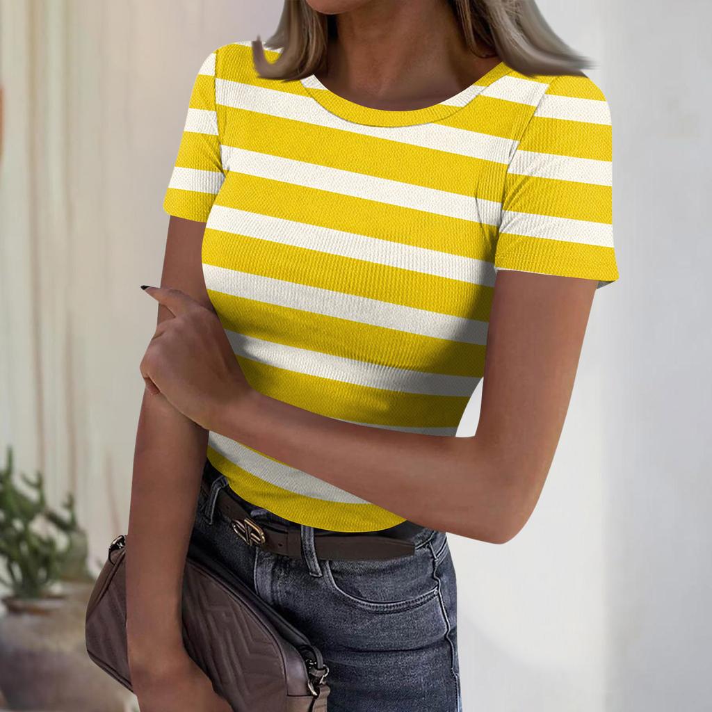 Women's Casual Fashion Round Neck Striped Print Short Sleeve Ribbed Top