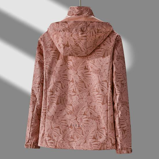 Women Jacket Outdoor Windbreaker Leaf Print Single-layer Waterproof Breathable Long Sleeve Hooded Zipper Pockets Zip Up Lady Fall Spring Coat