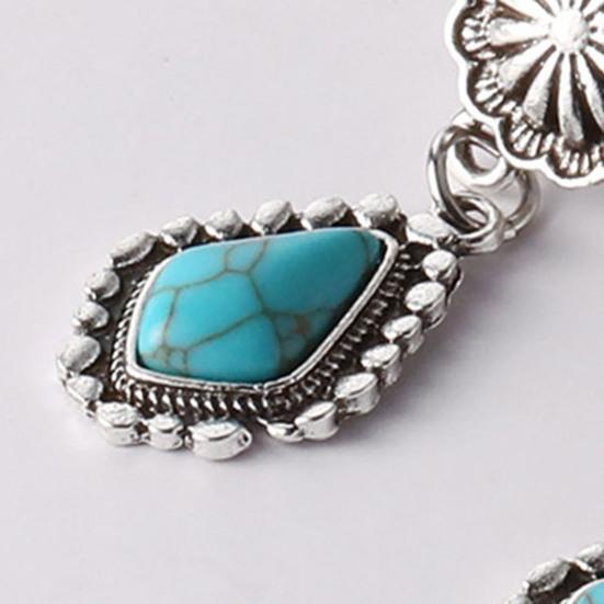 1 Pair Women Hanging Earrings Retro Anti-allergy Bohemian Style Flower Stone Shape Electroplated Faux Turquoise Ear Jewelry Prom Long Hook Earrings