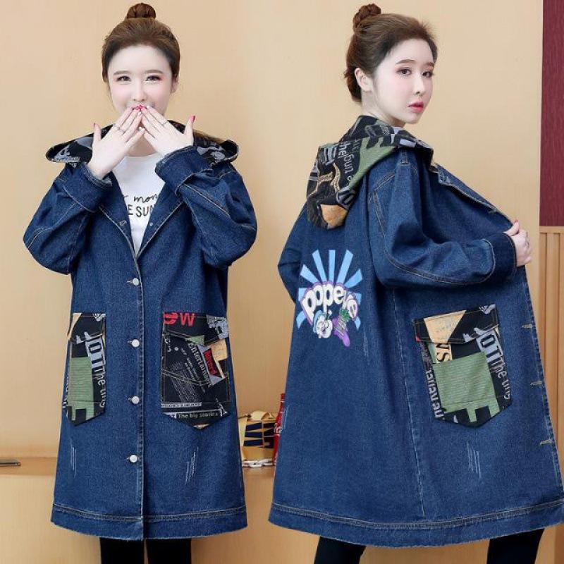 Весенне-осенняя джинсовая куртка женская ветровка с капюшоном пальто с мультяшным принтом длинная верхняя одежда женское свободное пальто больших размеров 5XL