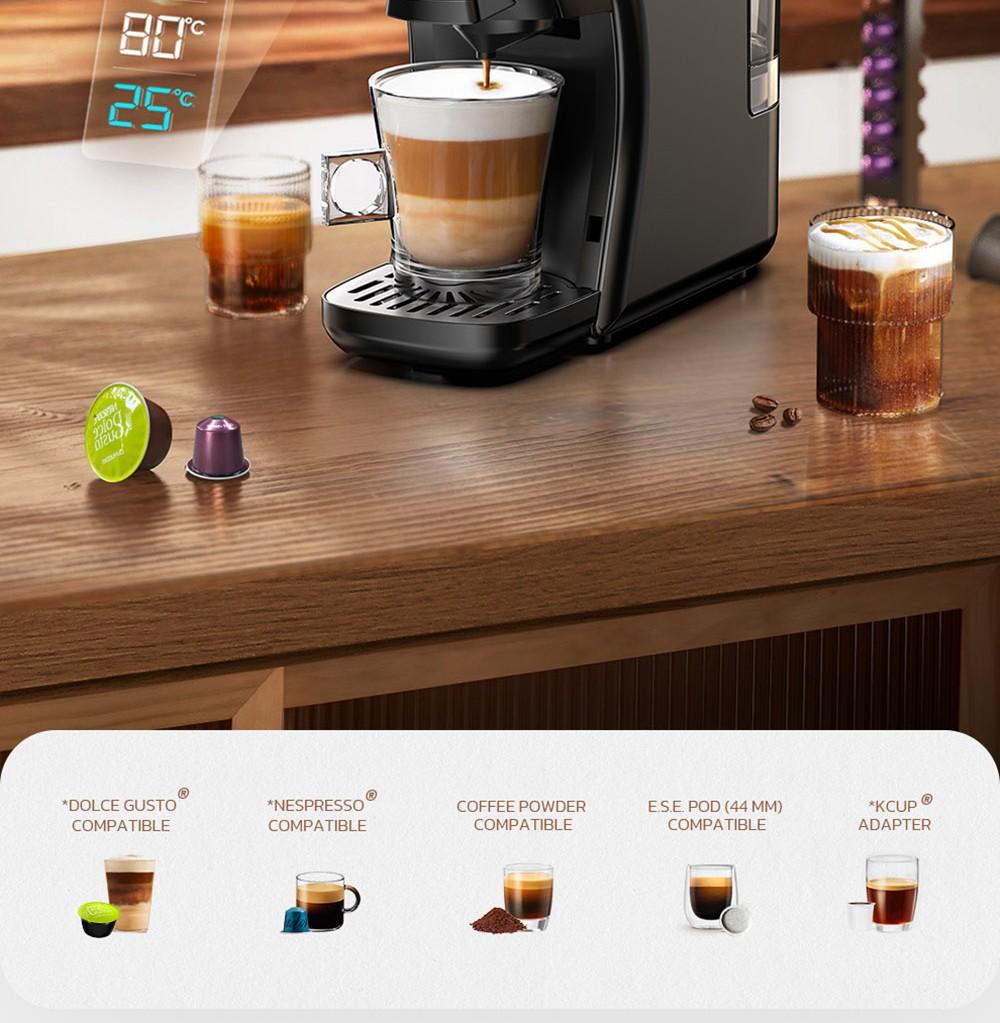 HiBREW Капсульная кофеварка H1B 5 в 1, резервуар для воды 600 мл, давление экстракции 19 бар, режим холодной/горячей воды, светодиодный индикатор - вилка европейского стандарта