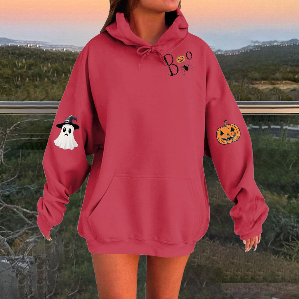 Женский однотонный пуловер с длинным рукавом, капюшоном и повседневным принтом на Хэллоуин