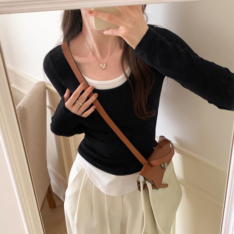 Длинный рукав Женская холодная базовая теплая рубашка Осенняя ложная футболка из двух частей Цветная блокирующая нижняя рубашка Женская тонкая круглая горловина Топы для улицы