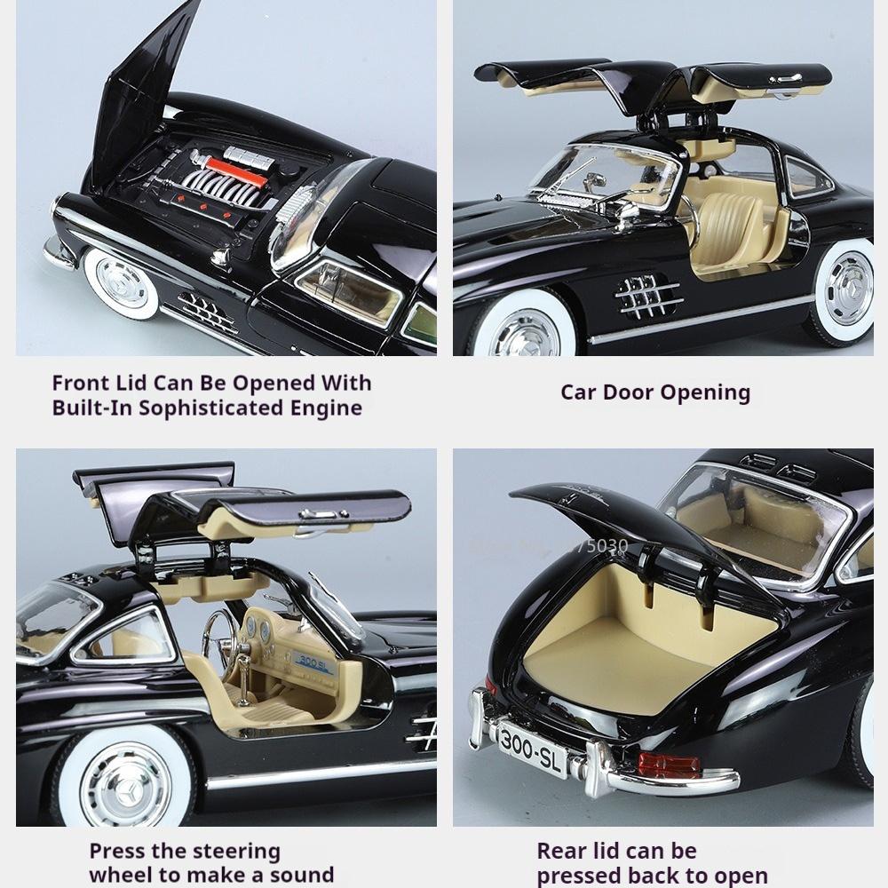 1/24 Benz 300SL Игрушечная модель автомобиля Литой сплав с инерционным механизмом Звук и свет Моделирование игрушечных транспортных средств Модели Мальчики Дни рождения Коллекционирование подарков