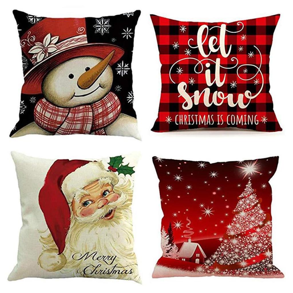 Christmas 4 Piece Throw Pillow Set Red Throw Pillow Sofa Cushion Linen Printed Cushion Bedside Cushion