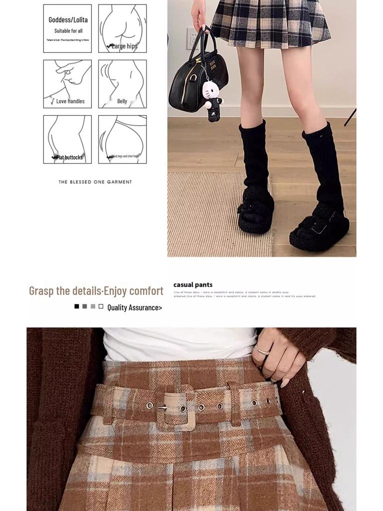Plus Size Woolen Plaid Pleated Skirt for Women - Retro Red Short Skirt for Chubby Girls, Perfect for Autumn and Winter