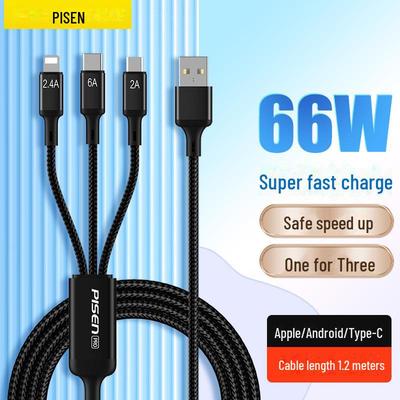 PISEN 66W Кабель для быстрой зарядки 3-в-1 для устройств Apple и Android