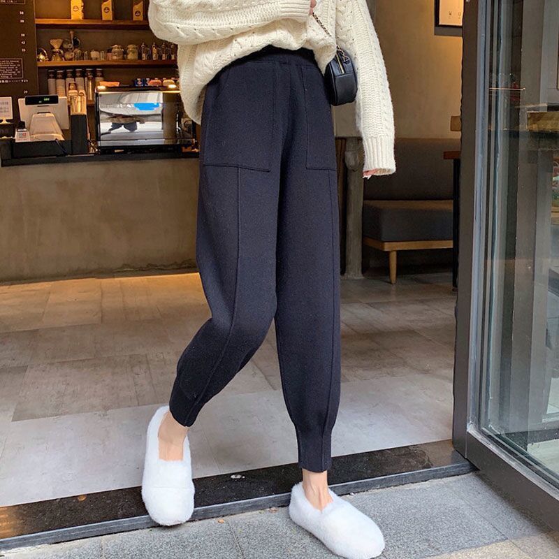 Women Pants Autumn and Winter Black Casual Knitted Pants Loose Elastic Nine Points Harlan Radish Pencil Pants
