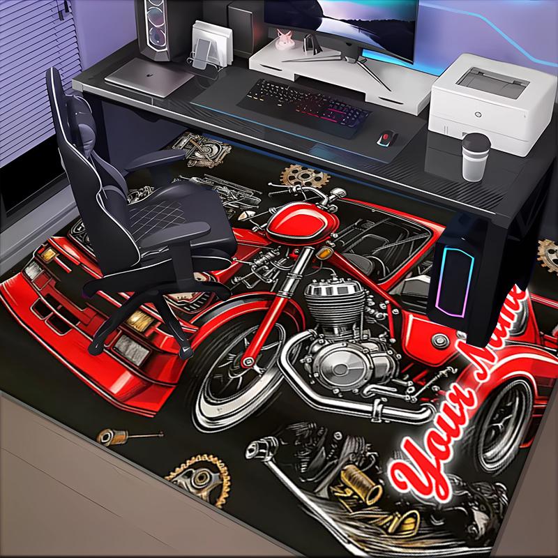 1PC Custom Name Steampunk Motorcycle And Car Theme Floor Mat Ideal for Living Room, Game Rooms, Office, Bedroom,Floor Mat Playful Design