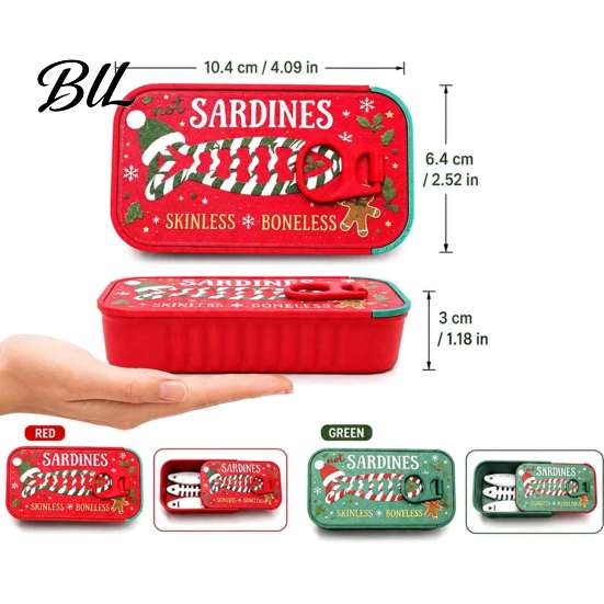 Holiday Desktop Ornament Christmas Sardine Tin Shaped Jewelry Box, Portable Travel Jewellery Storage Case with Compact Container Fish Bone Divider,
